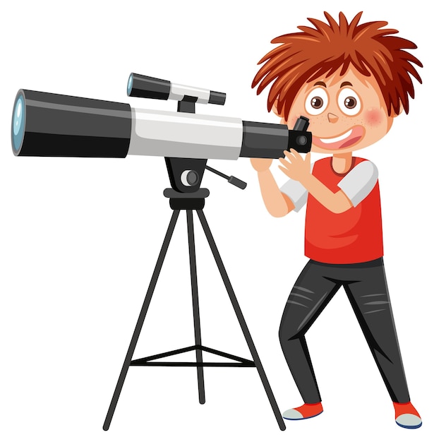 A boy looking through telescope