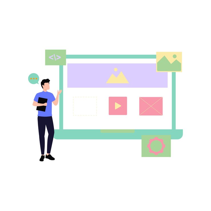 Vector boy looking at web design on laptop