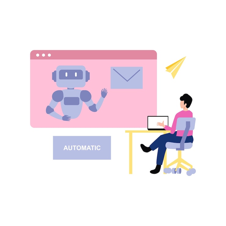 Vector boy looking at webpage on laptop