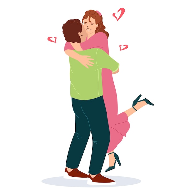 Boy in love holding a happy girl in his arms romantic couple hug vector illustration