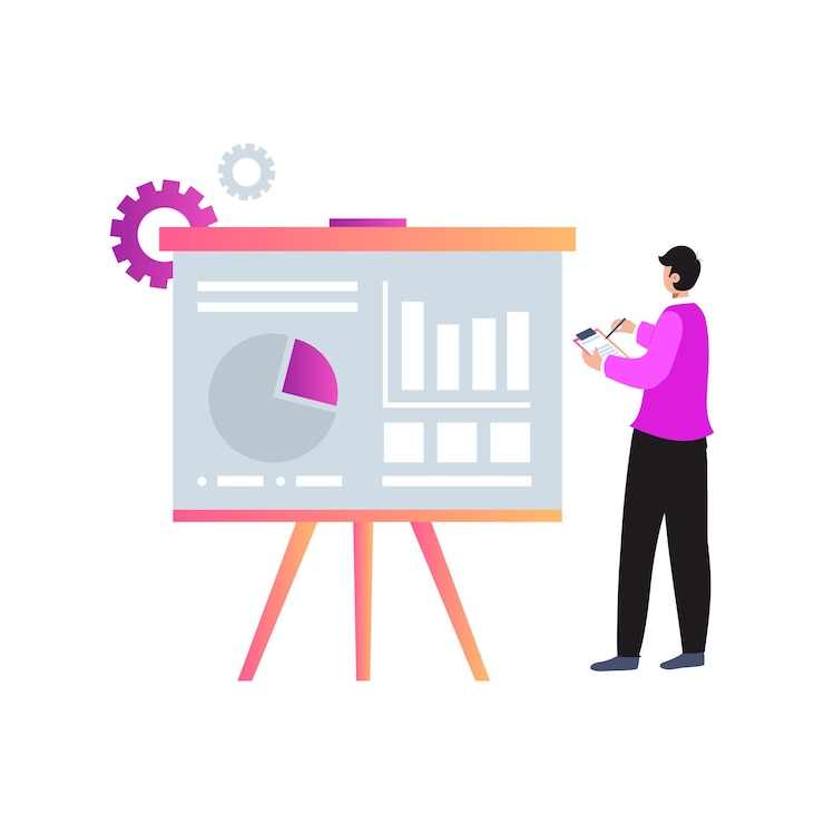 Vector boy making notes of business chart graph