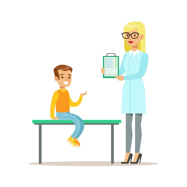 Vector boy on medical checkup with female pediatrician doctor doing physical examination with clipboard for the preschool health inspection