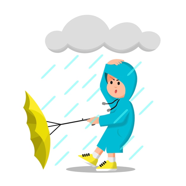мальчик посреди ливня держит зонт, который вот-вот выпадет из рук