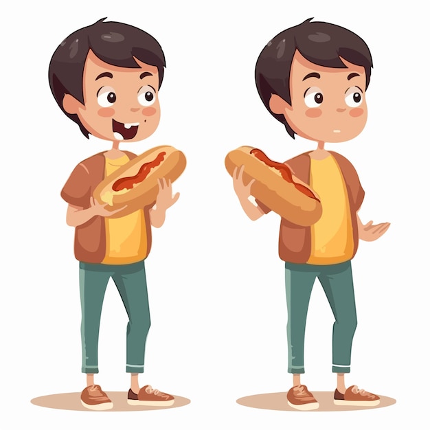 Boy munching on a hotdog cartoon illustration child multipose