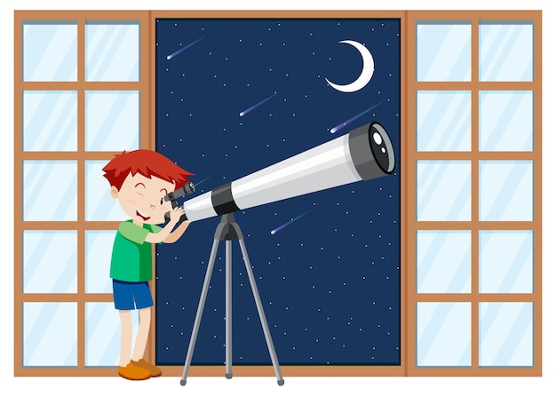Vettore un ragazzo osserva il cielo notturno con il telescopio