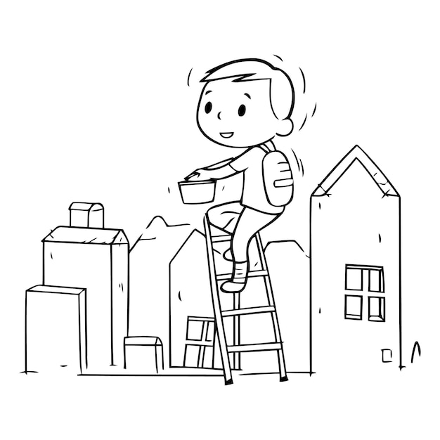 벡터 사다리 위 에 있는 소년 은 만화 스타일 의 집 을 그린다