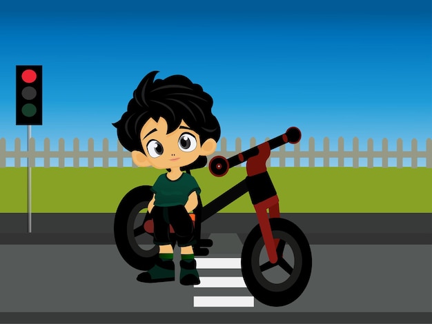 Вектор Мальчик на дороге с его велосипедом