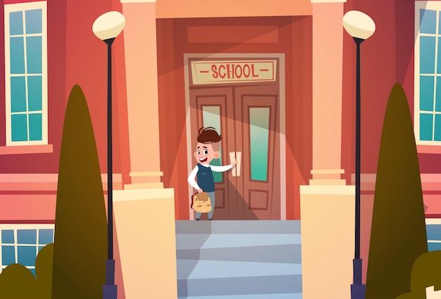 Premium Vector | Boy opening school door pupil go to classroom