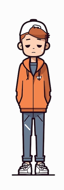 A boy in an orange jacket with the letter t on it.