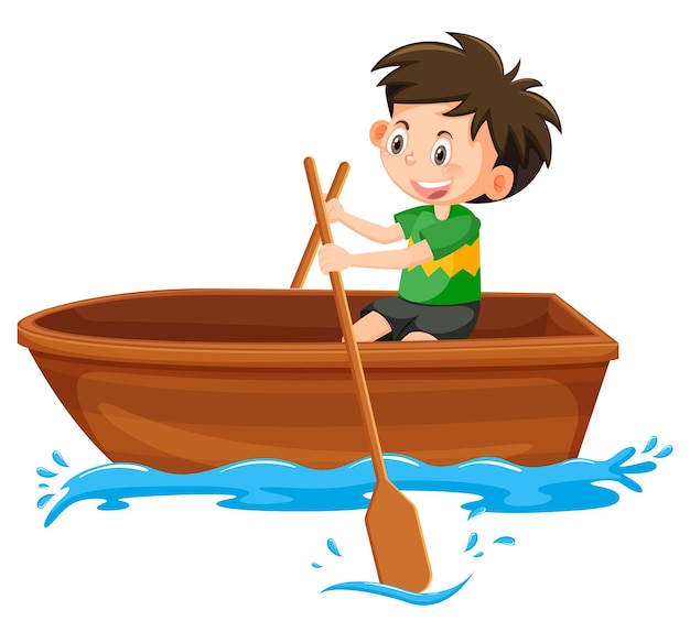 Boy paddle the boat on white background