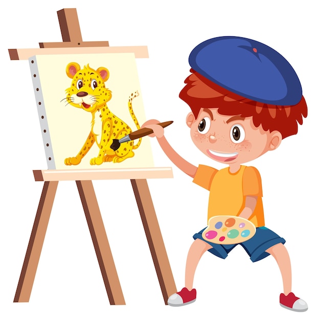 A boy painting on canvas