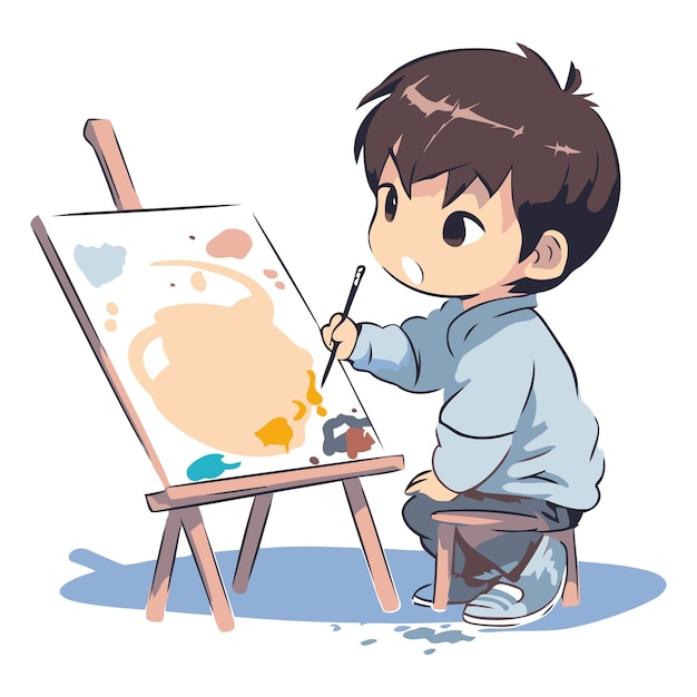 Boy painting on easel Cute cartoon character