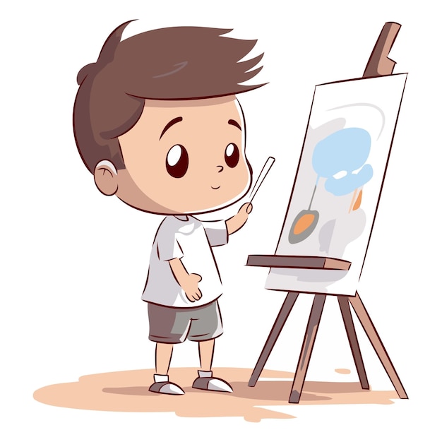 Vettore ragazzo che dipinge un quadro su un cavalletto in stile cartone animato