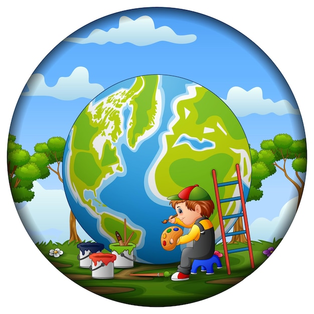 A boy painting the world in round frame