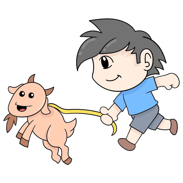 Ragazzo e capra dell'animale domestico che corrono intorno a giocare insieme, arte dell'illustrazione di vettore. scarabocchiare icona immagine kawaii.