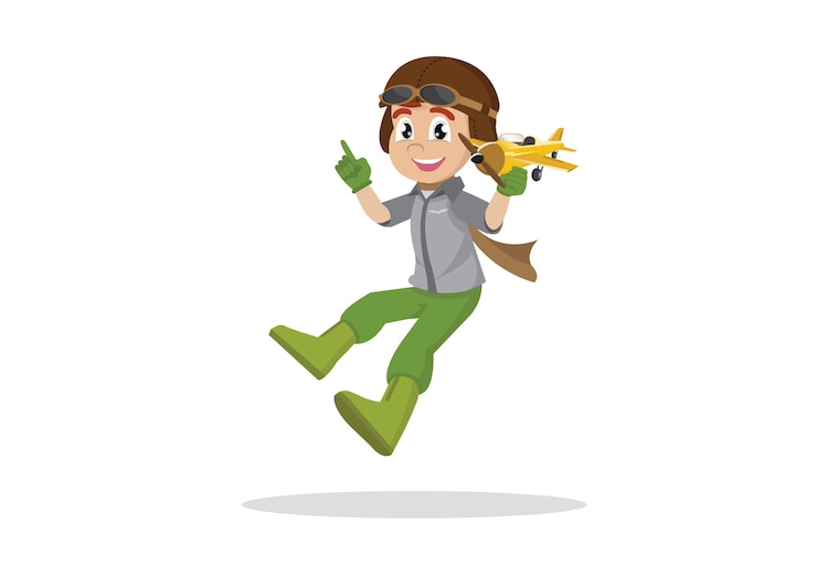 Vector boy in pilot glasses playing with toy airplane.