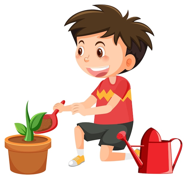 Vector a boy planting in clay pot