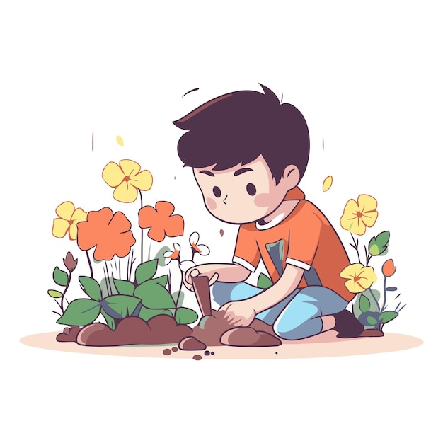 Vector boy planting flowers in the garden in cartoon style