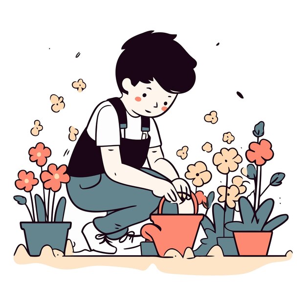 벡터 만화 스타일 로 정원 에 꽃 을 심고 있는 소년
