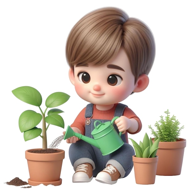 Boy planting trees earth day cartoon 3d render illustration