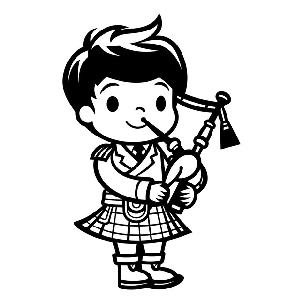 Vector boy playing the bagpipes black and white vector illustration