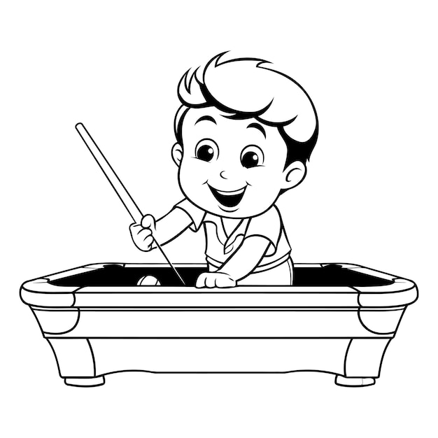Мальчик играет в бильярд Черно-белый мультфильм Иллюстрация Вектор