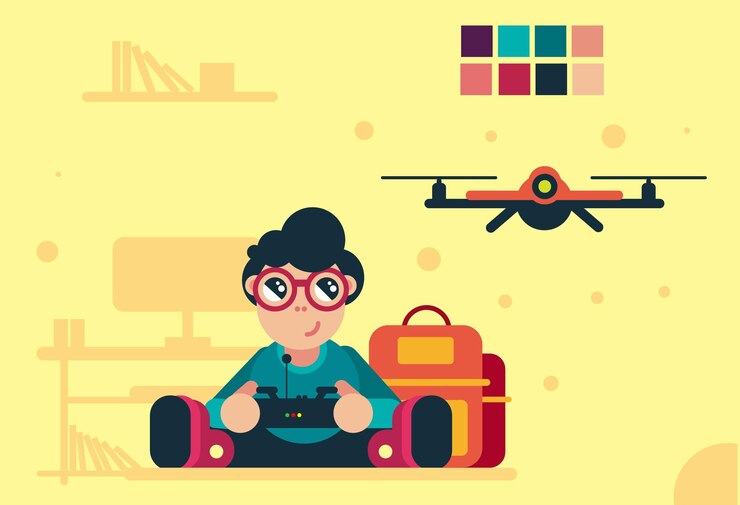 Vector boy playing by plane