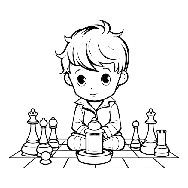 Boy playing chess Black and white vector illustration for coloring book