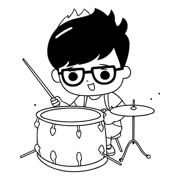 Vector boy playing drum cute cartoon boy playing drums