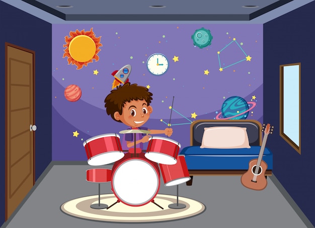 벡터 침실에서 드럼을 연주하는 소년