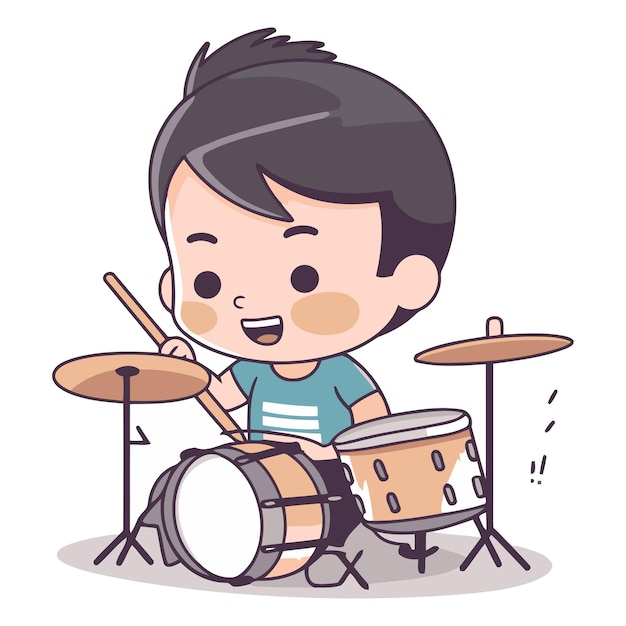 Vector boy playing drum set cute cartoon character