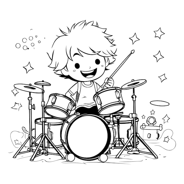 Boy playing drums Black and white vector illustration for coloring book