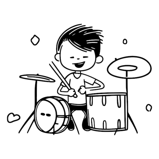 Vector boy playing drums cute hand drawn vector illustration in cartoon style