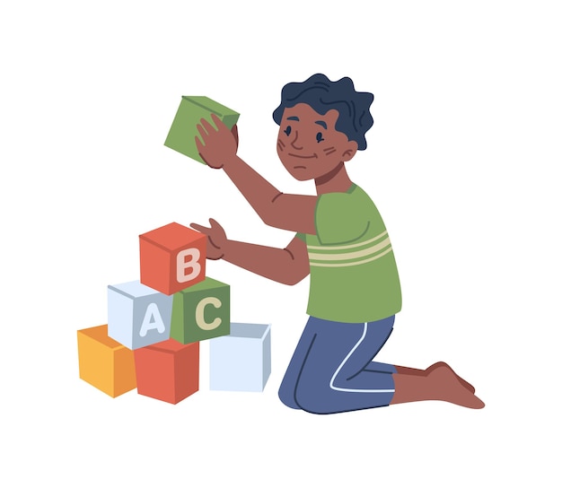 Vector boy playing educational wooden cubes with abc