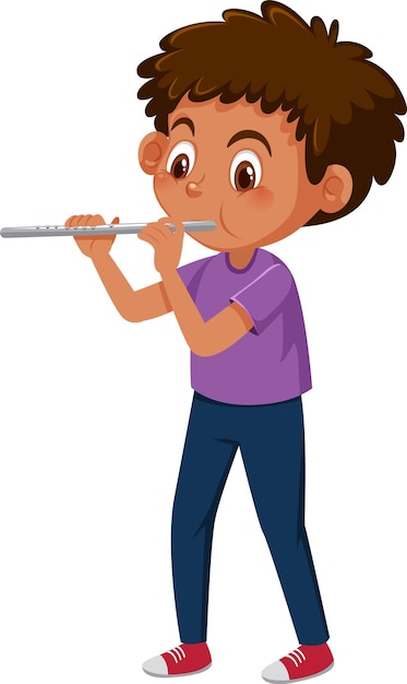 Boy playing flute on white background