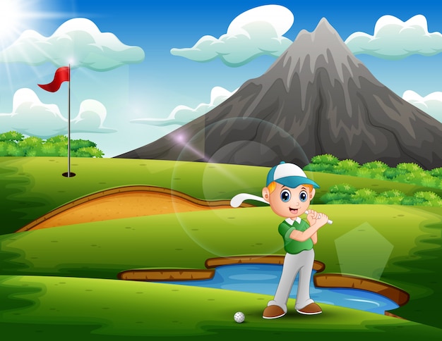 A boy playing golf in the beautiful nature