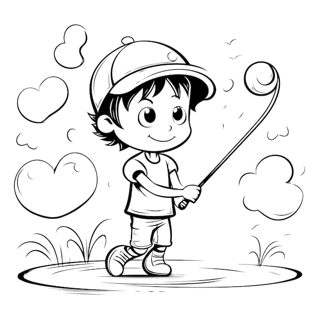 Vector boy playing golf black and white vector illustration for coloring book