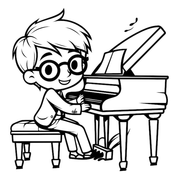 Boy playing grand piano Black and White Cartoon Illustration Vector