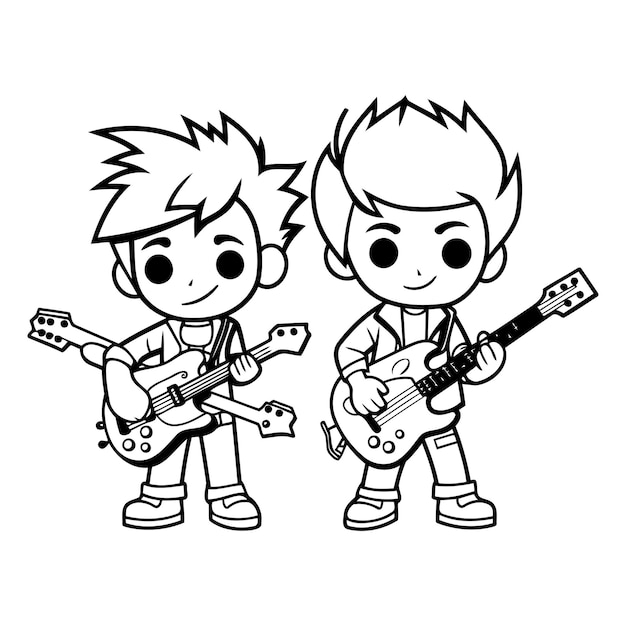 Мальчик играет на гитаре и мальчик на электрической гитаре черно-белый