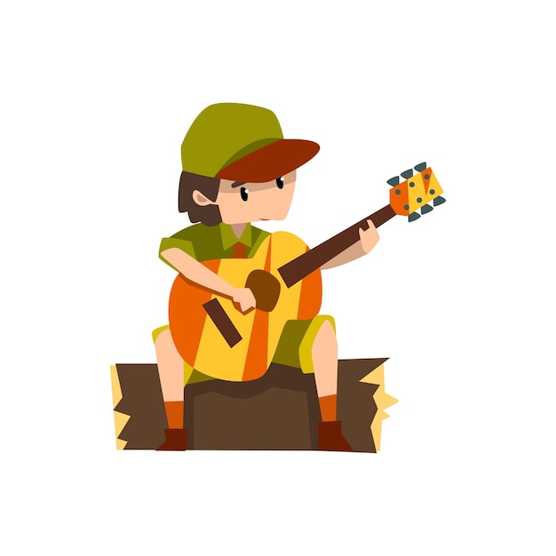 Boy playing guitar sitting on the log boy scout character in uniform vector Illustration isolated on a white background