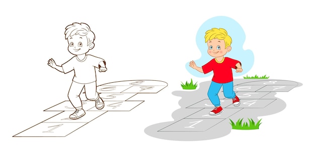 The boy playing Hopskotch, jumps on one leg while . Coloring book. Vector illustration in cartoon style, black and white line art