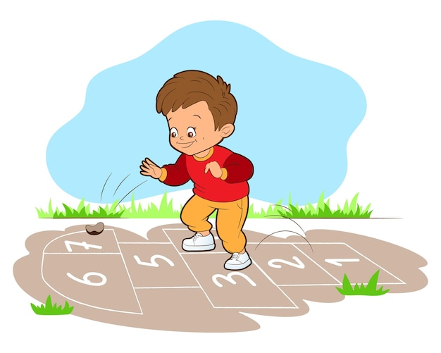 Vector the boy playing hopskotch jumps on one leg while  vector illustration in cartoon style