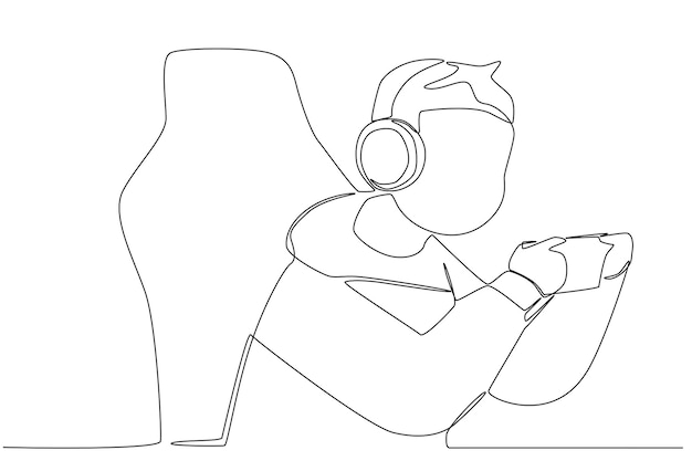 Premium Vector  A young man uses a headset and play station to playing games  online gaming oneline drawing