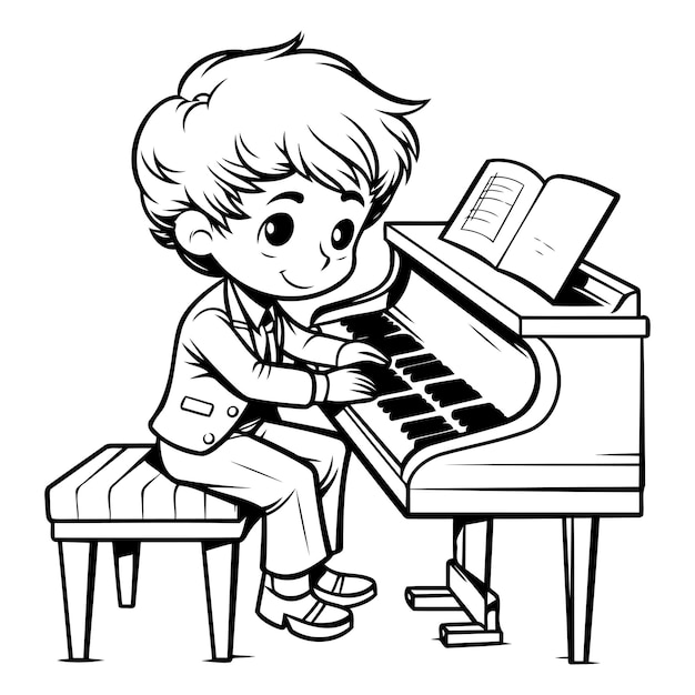 Boy playing piano black and white cartoon illustration isolated on white background