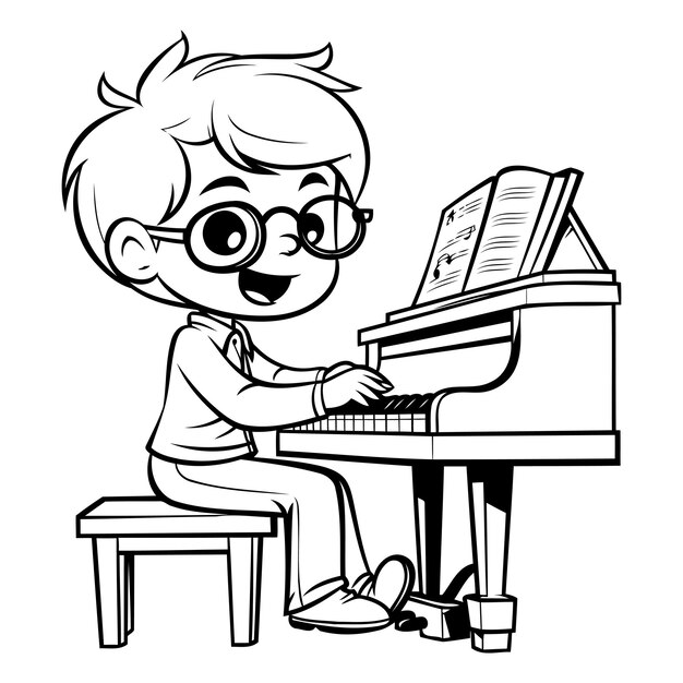 Boy Playing Piano Black and White Cartoon Illustration Isolated on White Background