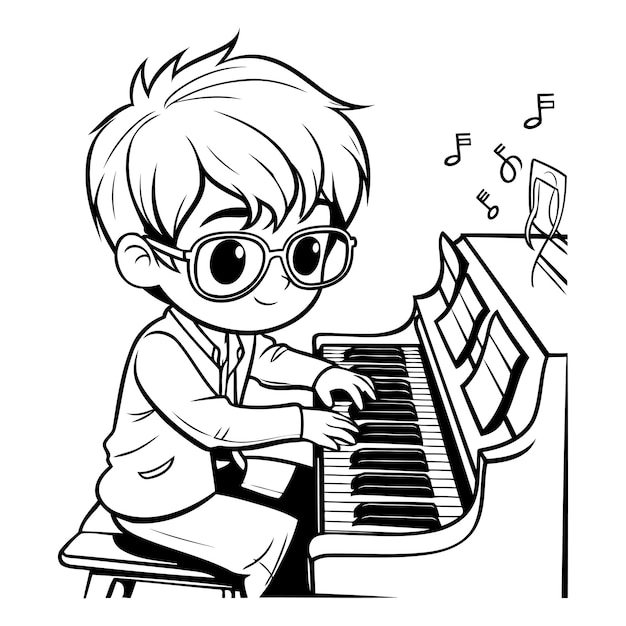Boy playing the piano Black and White Cartoon Illustration Vector