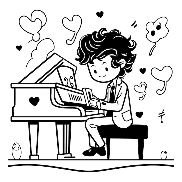 Boy playing piano Black and white vector illustration for coloring book