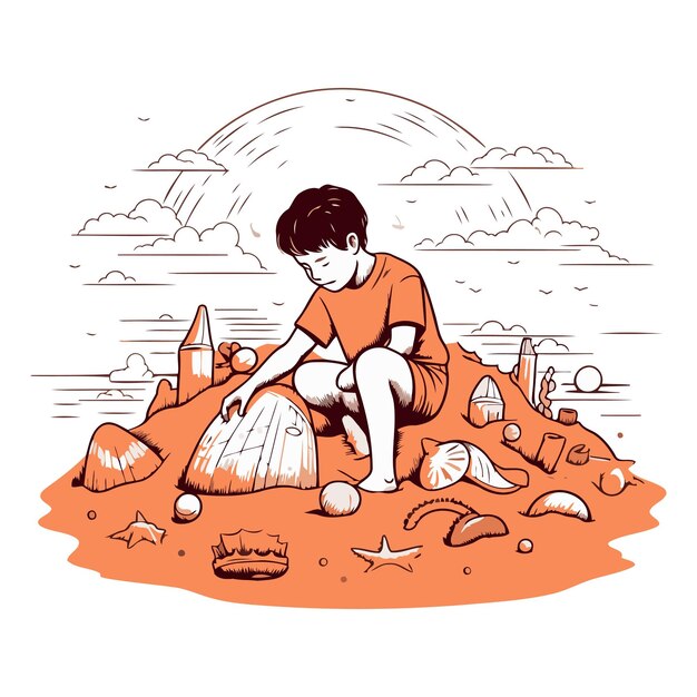 Vector boy playing in the sand of a boy playing in the sand