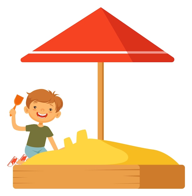 Boy playing in sandbox Happy kid character outdoors