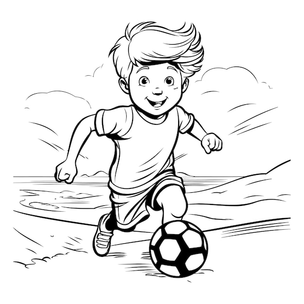 サッカーをしている男の子カラーブック用の黒と白のベクトルイラスト